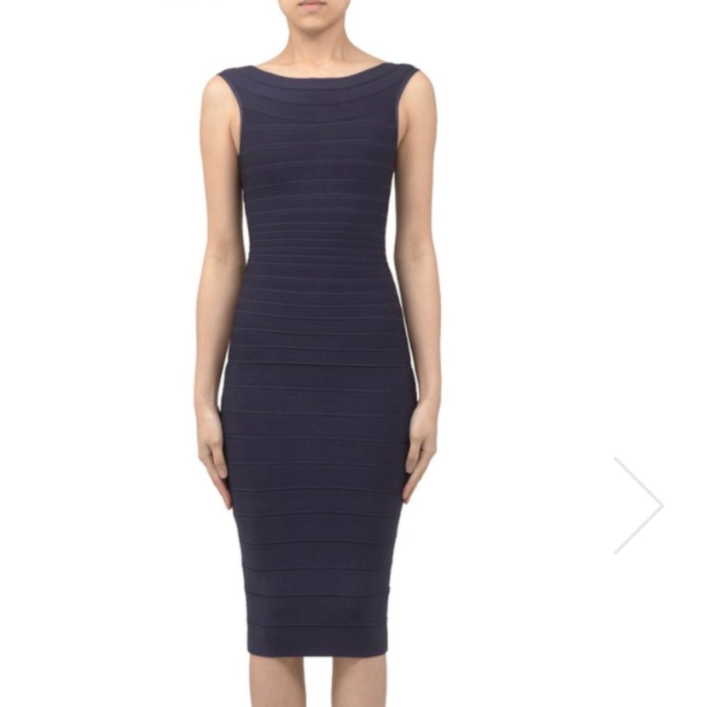 HERVE LEGER ARDELL BOAT-NECK BANDAGE DRESS in NAVY